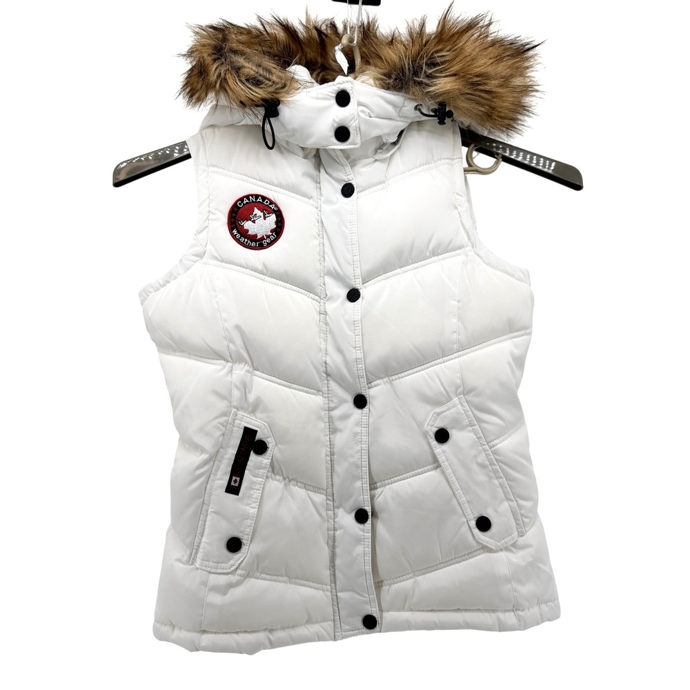 Canada Weather Gear Puffer Vest Women Medium White Good Quilted Faux Fur Hood